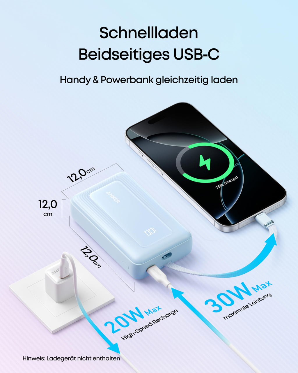 Anker Zolo Powerbank 20000mAh 30W Max, integriertes USB-C Kabel