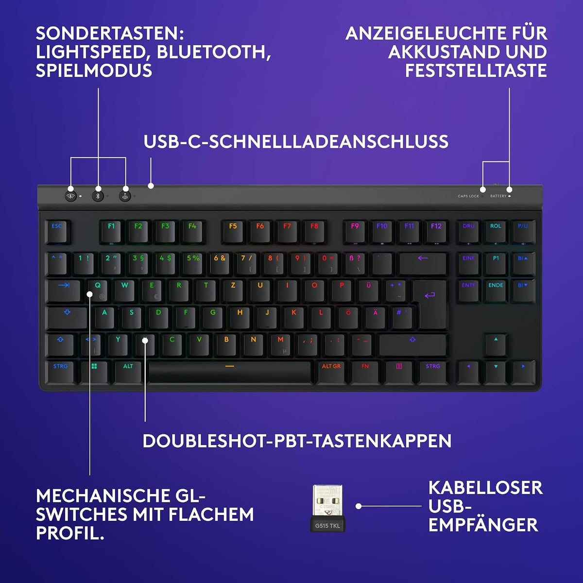 Logitech G G515 LIGHTSPEED TKL kabellose flache Gaming-Tastatur (Schwarz)