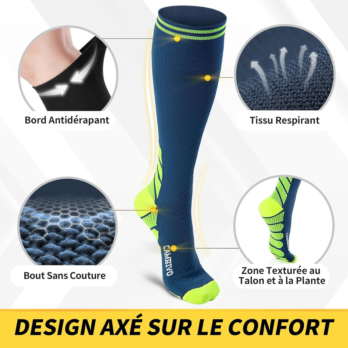 CAMBIVO Bas de Contention Femme Homme 3Paires, Chaussettes de Compression 20-30mmHg, Chaussette Contention Classe 2, pour Circulation Sanguine, Course a Pied, Voyage Avion, Sport, Running, Infirmiere