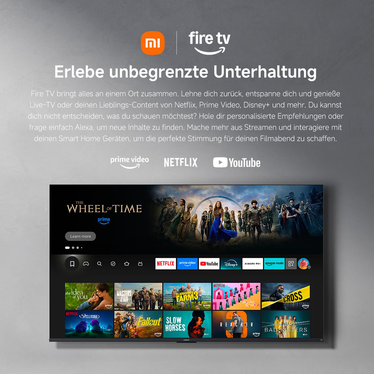 XIAOMI F2 Smart Fire TV 43 Zoll, 108 cm Fernseher (4K UHD, HDR10, Rahmenloses Metallgehäuse, Prime Video, Netflix, Alexa Sprachsteuerung, HDMI 2.1, Bluetooth, USB, Triple Tuner) Modelljahr:2022