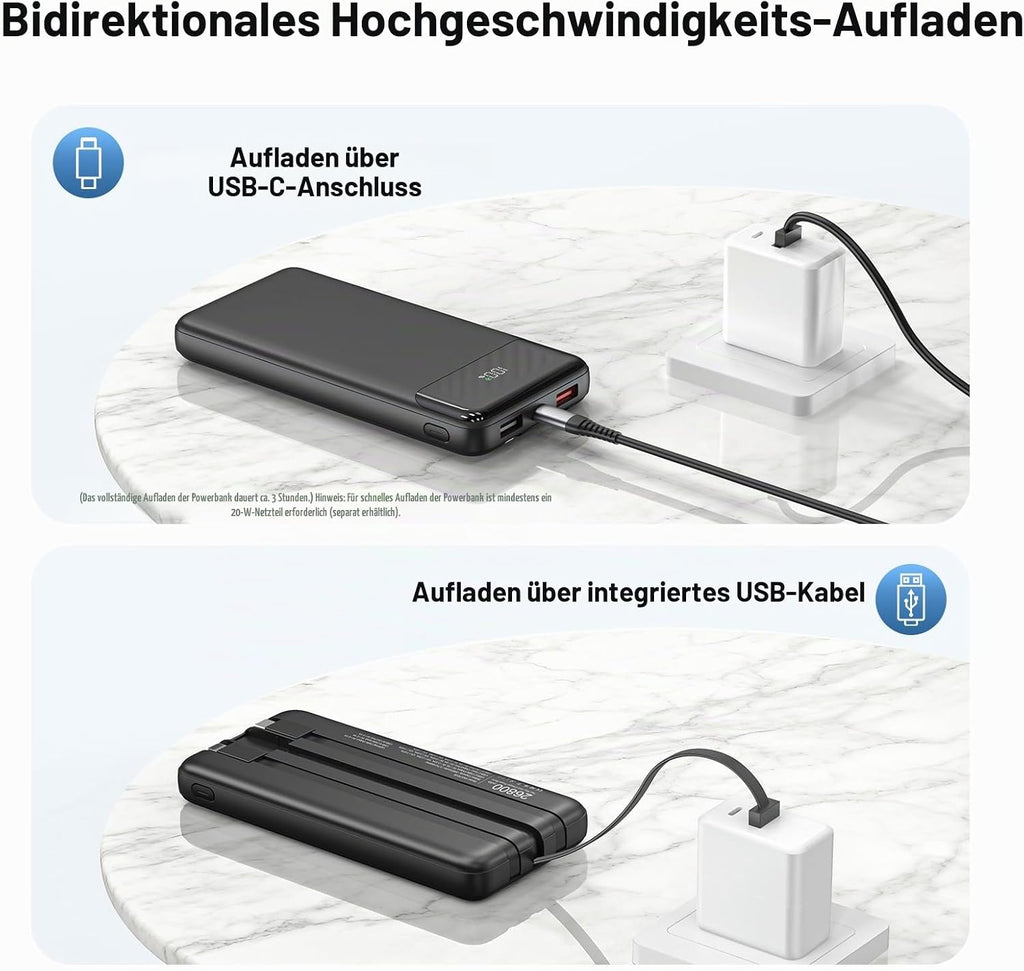 Power Bank 20000mAh, Powerbank 22,5W Schnellladung mit Integrierten 3 Kabel