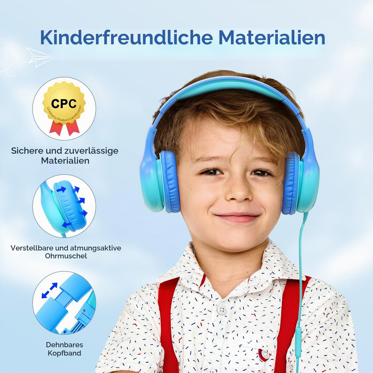 EarFun Kinder Kopfhörer mit 3,5 mm Kabel, Lautstärkebegrenzung, Blau-grün