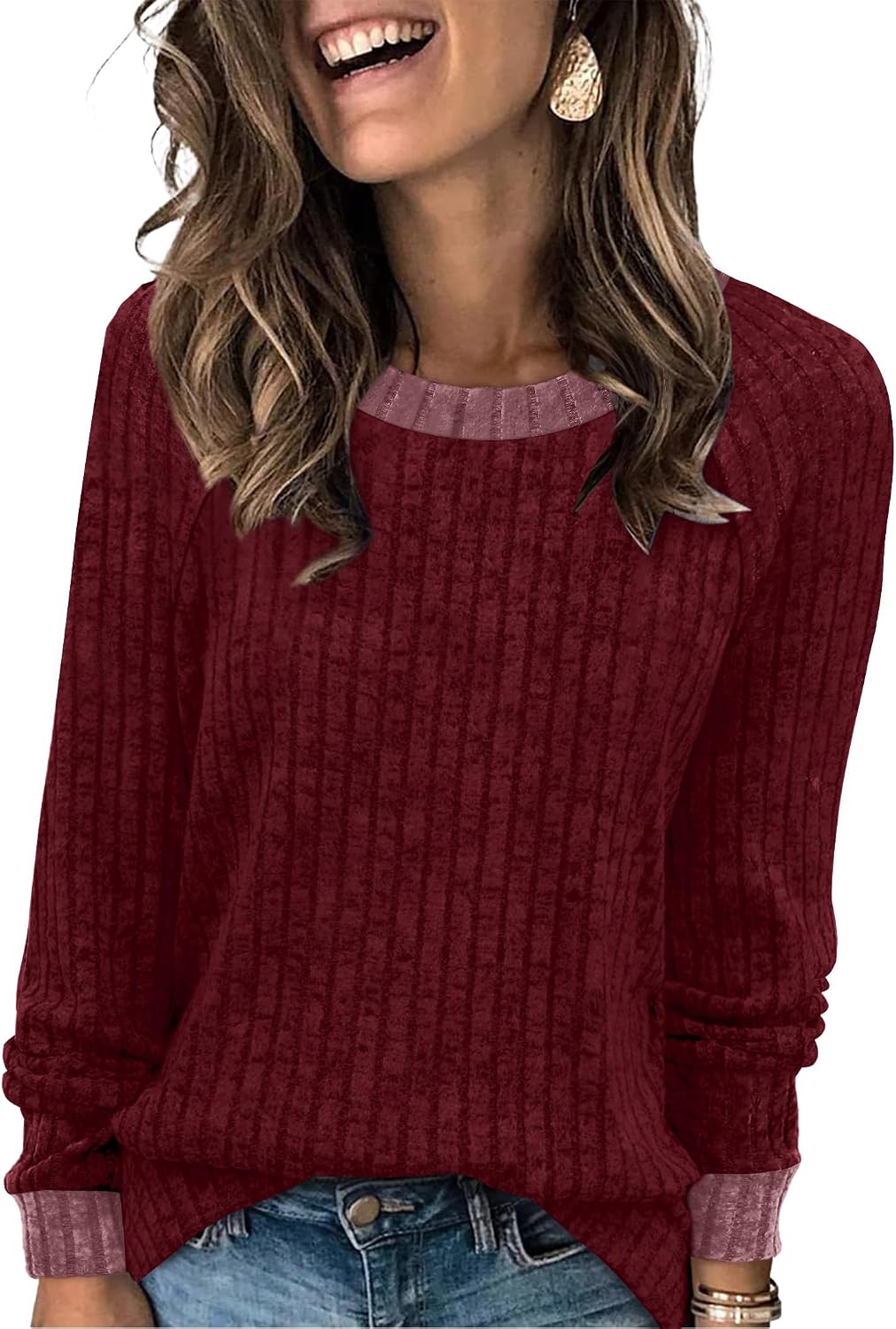 WIHOLL Langarmshirts für Damen Leichte Pullover Herbstoutfits 2026 Color-Block Winterkleidung Schick Lässig Weich