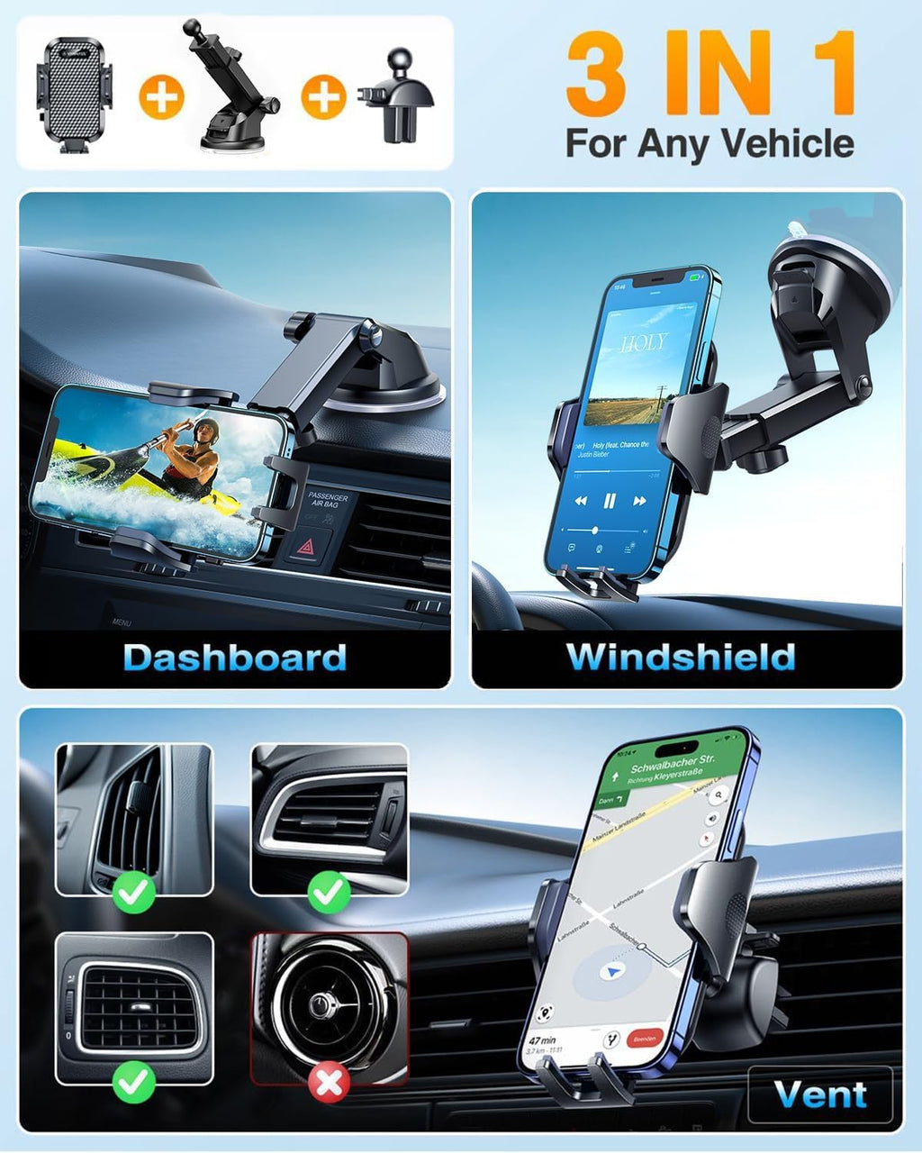 VANMASS 2026【Militär-Klasse】Handyhalterung Auto Upgrade【Stärkste Saugnapf & Lüftungshaken】4 in 1 Handy Halterung Auto 360° Drehbar Handyhalter Auto Armaturenbrett Scheibe Wand für iPhone Samsung usw