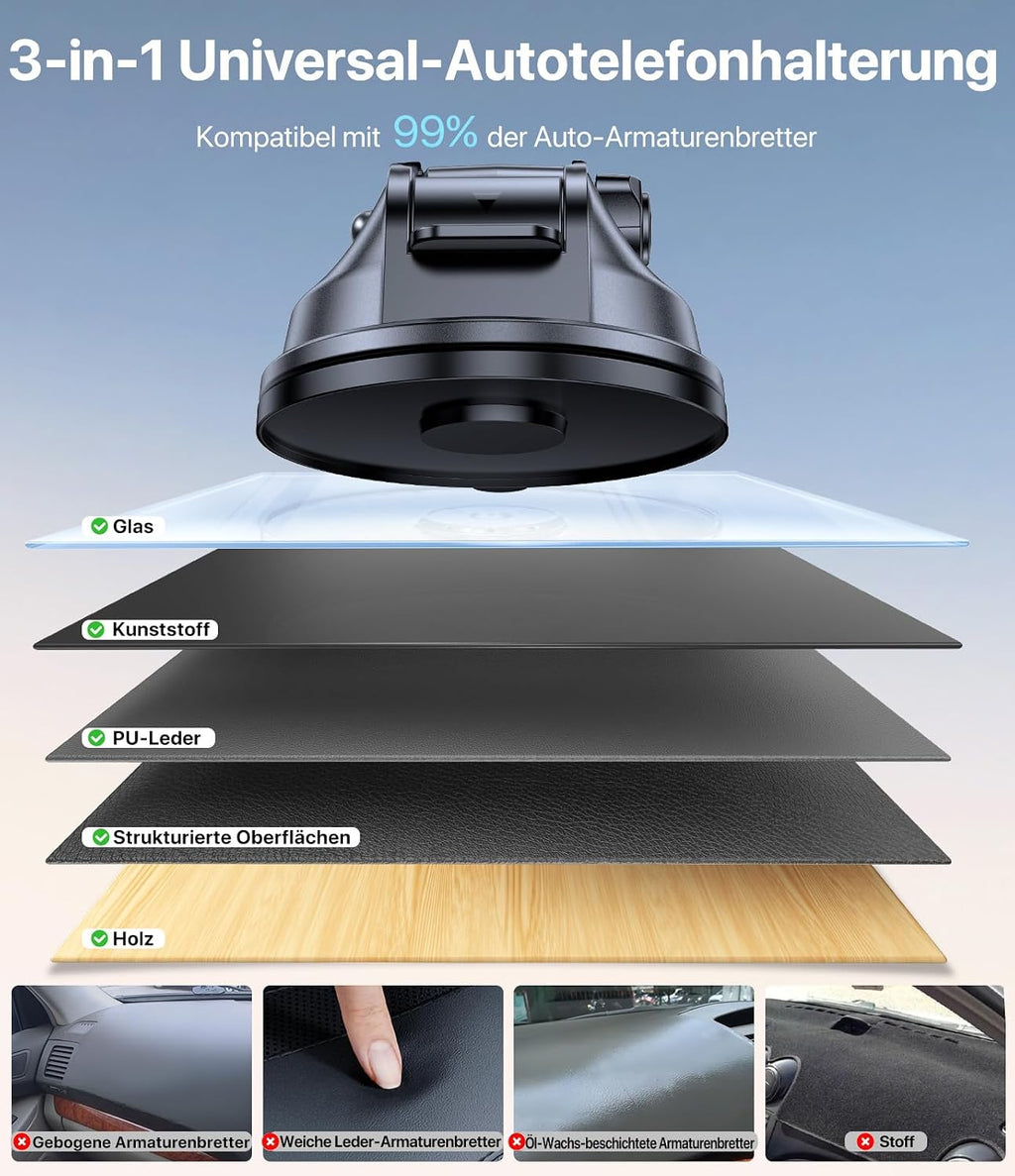 Miracase [2026 Upgraded Handyhalterung Auto Handy Halterung,Universal Car Phone Holder[Stärkste Saugnapf & Lüftungshaken] 360° Drehbar kfz autohalterung Lautsprecher für iPhone Samsung Galaxy Google