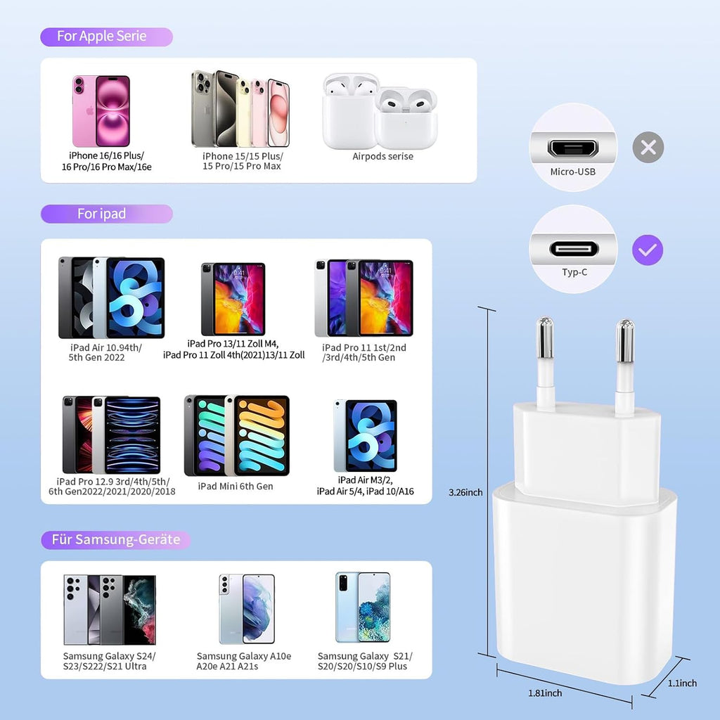 2 Pack 20W USB C Schnellladegerät PD 3.0 für iPhone & iPad + 2m USB-C Schnellladekabel –Handy Ladegerät& Ladekabel für 17 16 15/17 16 15 Pro/17 16 15 Pro Max, Adapter Stecker für iPad Pro/Air/Mini