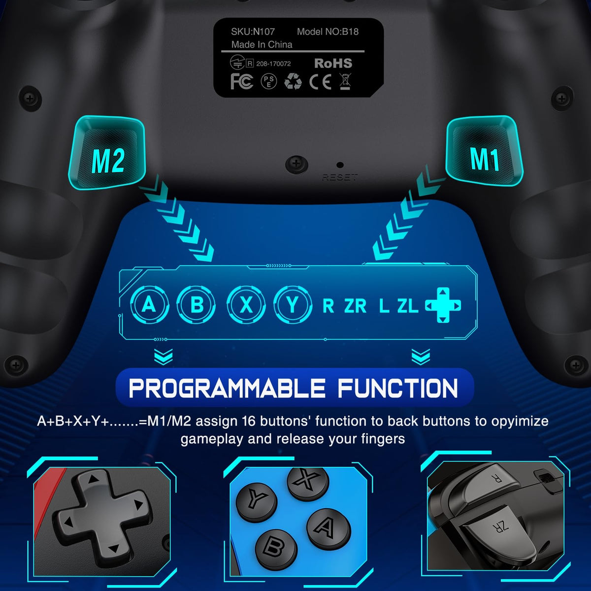 HELLCOOL Switch Controller, Kabellos Switch Pro Controller für Switch/Lite/OLED Konsole, Macro/Turbo/Aufwachfunktion, Präzise Steuerung, Dual Motors Vibration, 15 Std Spieldauer