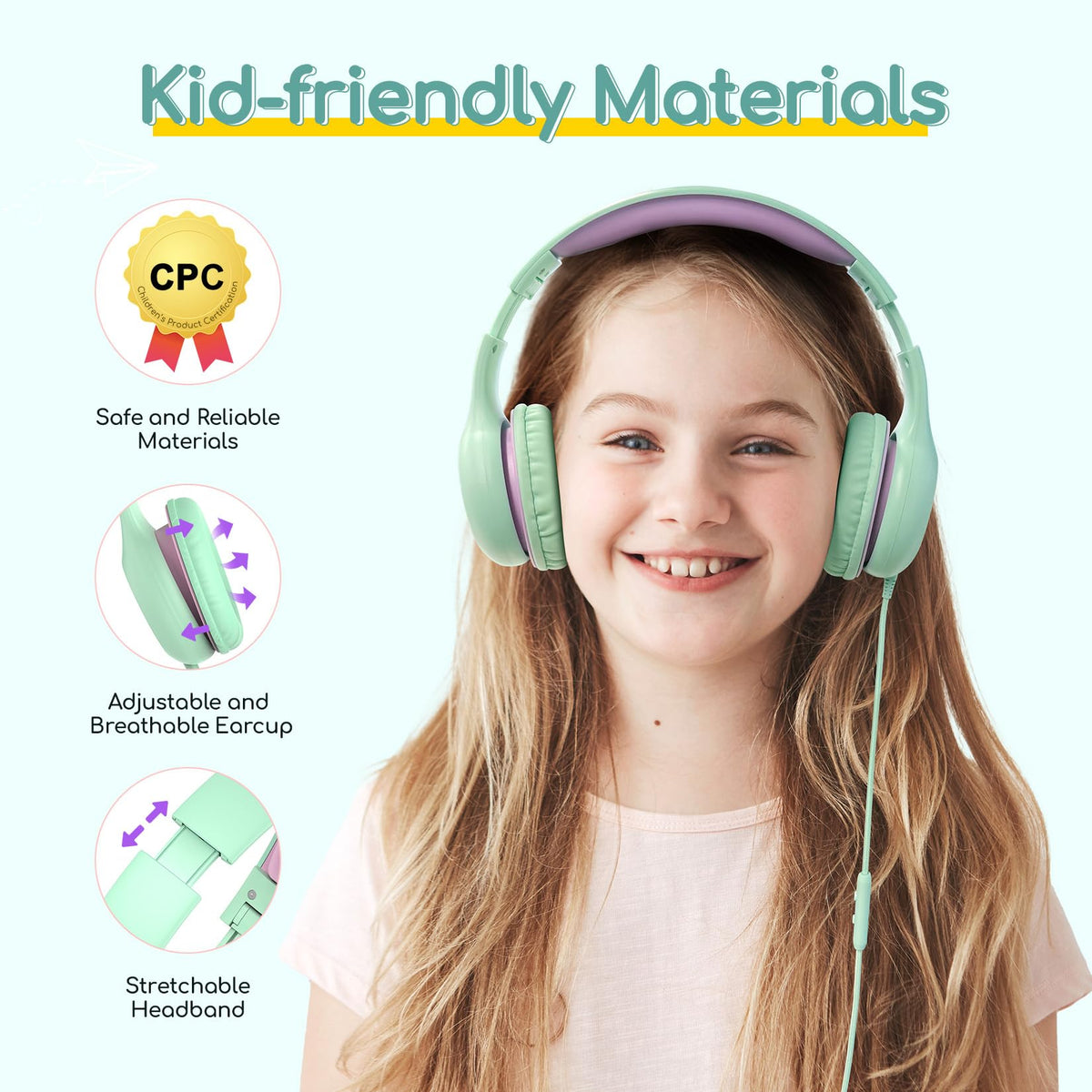 EarFun Kinder Kopfhörer mit 3,5 mm Kabel, Lautstärkebegrenzung, Blau-grün
