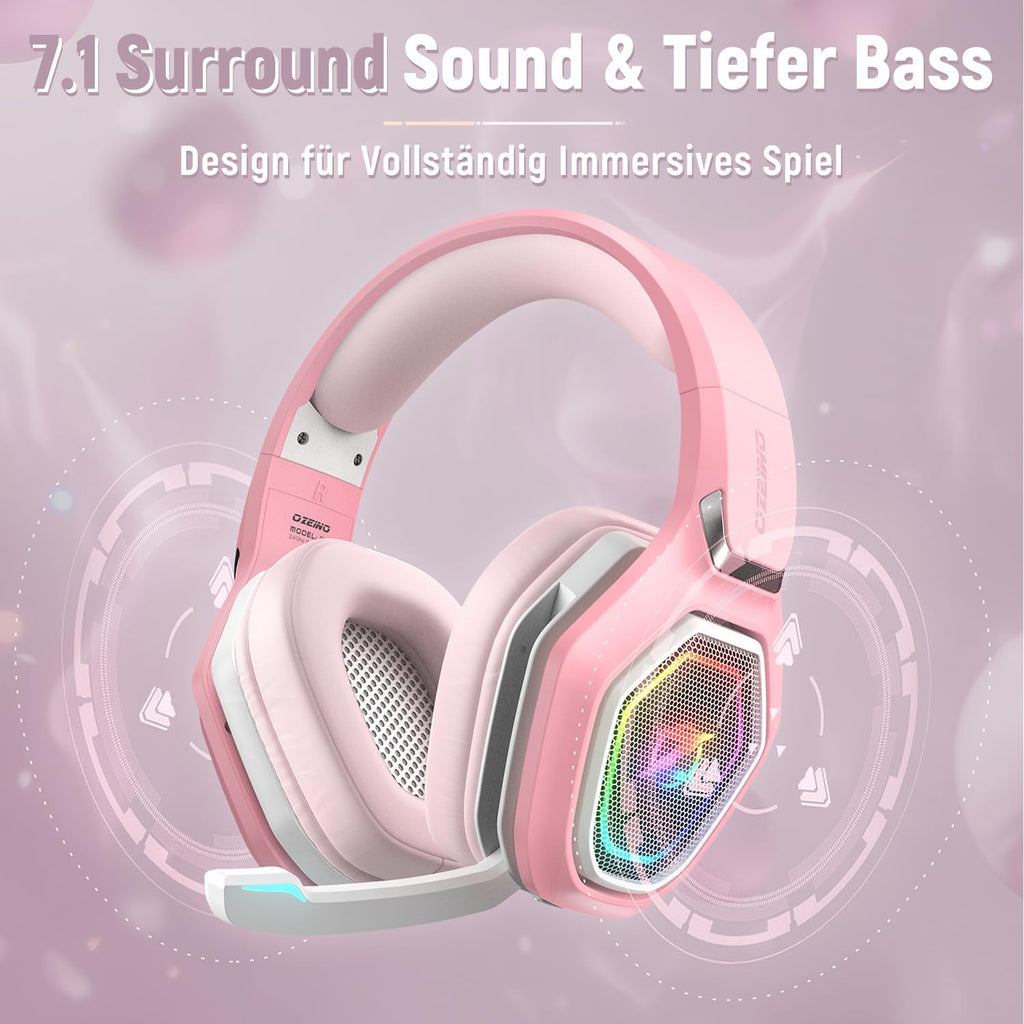 Ozeino 2.4GHz Gaming Headset Wireless mit Mikrofon Geräuschunterdrückung für Ps5/PC/Ps4/Mac, Bluetooth Headset mit RGB Licht, Gaming kopfhörer 40H+ Akkulaufzeit