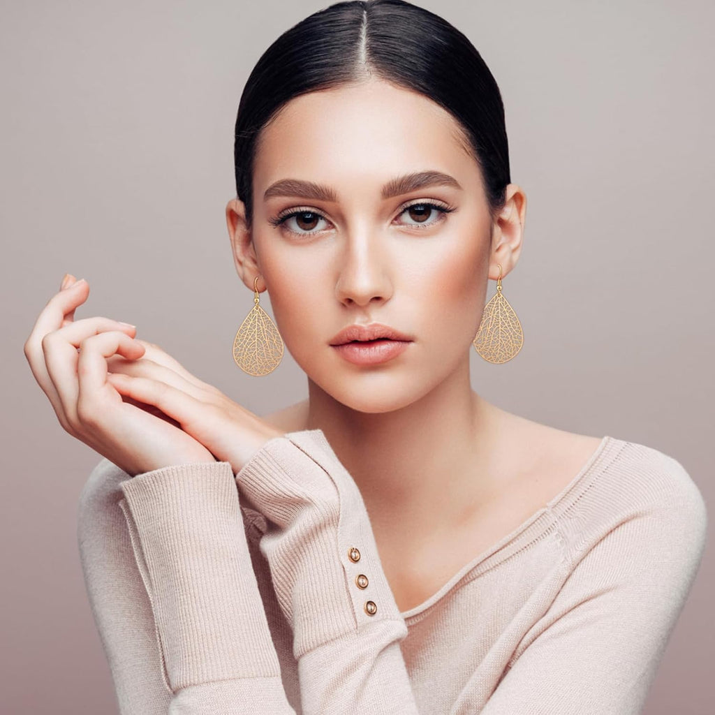 14K Gold vergoldet Blattgold Ohrringe für Frauen, Silber Ohrringe Hängend Damen mit Anhänger Tropfenform, Wassertropfen Schmuck für Geschenk