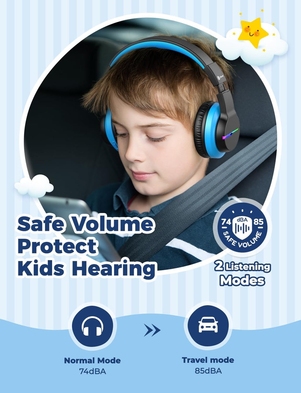 iClever BTH12 Bluetooth-Kopfhörer für Kinder mit LED-Beleuchtung, 85 Stunden Wiedergabezeit, ideal für Reisen