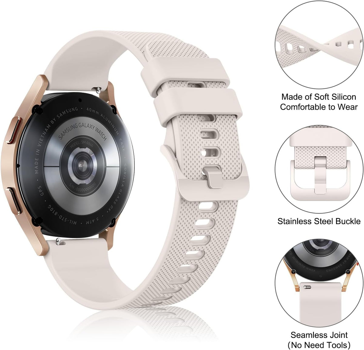 Wanme 20mm Bracelet de Montre en Silicone, Souple Bracelet de Replacement en Dégagement Rapide avec Boucle en Même Couleur Homme Femme 20mm, Starlight