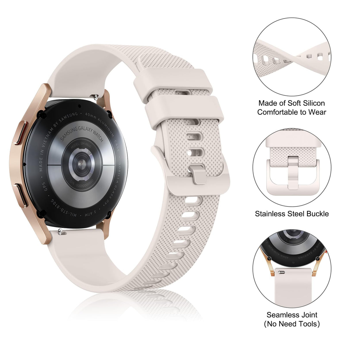 Wanme 20mm Bracelet de Montre en Silicone, Souple Bracelet de Replacement en Dégagement Rapide avec Boucle en Même Couleur Homme Femme 20mm, Starlight