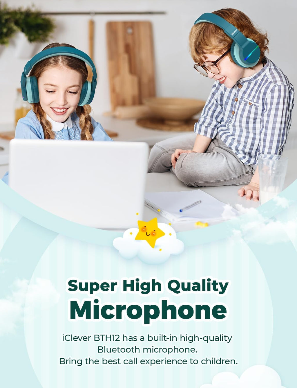 iClever BTH12 Bluetooth-Kopfhörer für Kinder mit LED-Beleuchtung, 85 Stunden Wiedergabezeit, ideal für Reisen