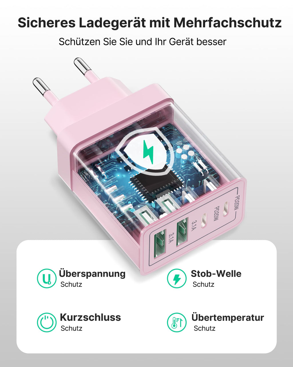 USB C Ladegerät, 40W 4-Port USB ladegerät Mehrfach Schnellladegerät PD 3.0