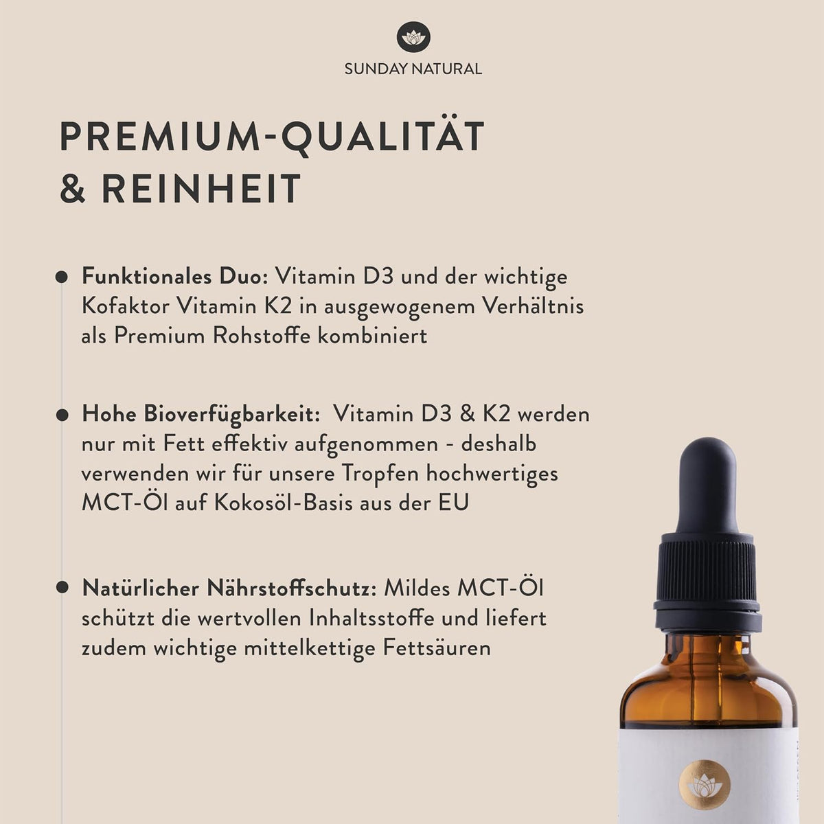 SUNDAY NATURAL® Vitamin D3 + K2 Tropfen - Premium: 99,8+% All-Trans + hoch bioverfügbares Vitamin D3 - Laborgeprüft in Deutschland, hochdosiert, flüssig - Perfekt zum Teilen