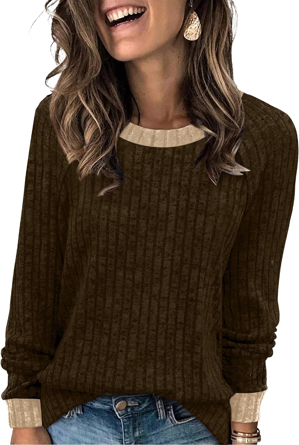 WIHOLL Langarmshirts für Damen Leichte Pullover Herbstoutfits 2026 Color-Block Winterkleidung Schick Lässig Weich