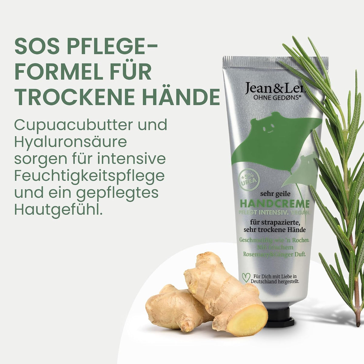 Jean & Len Sehr geile Handcreme Rosemary & Ginger, vegan, 6 x 75 ml
