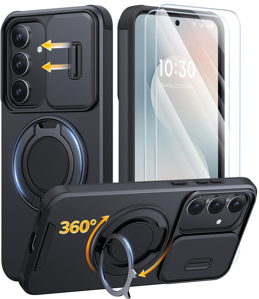 AOUIA für Samsung Galaxy S26 Ultra Hülle mit 2 Stück Panzerglas, Kameraschutz, 360° drehbarer Ringständer, Militärstandard Stoßschutz, robuste Handyhülle für Samsung S26 Ultra, Schwarz
