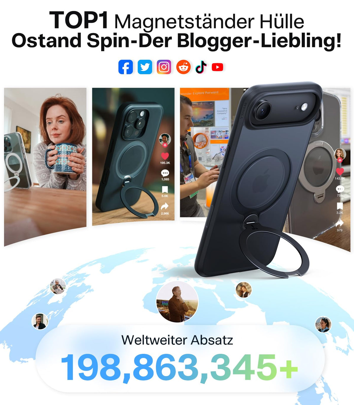 TORRAS Ostand Q3 Spin für iPhone 18 Pro Hülle für MagSafe 360°Stand Schwarz