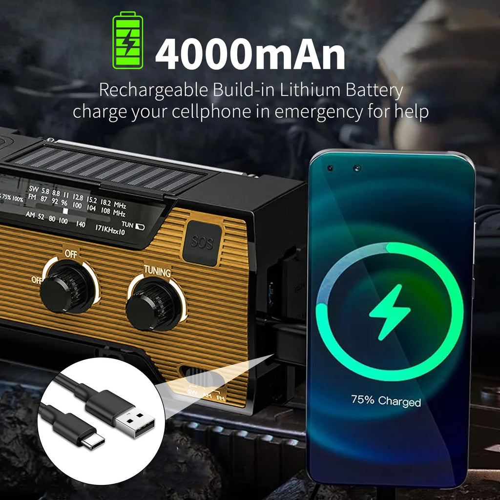 Notfall-Solarradio,Solarbaby Selbstbetriebenes Kurbelradio mit LED-Taschenlampe, SOS-Alarm,AM/FM Wetter Wind Up Radio mit 2000mAh Akku für Notladung von Smartphone,(Rod)