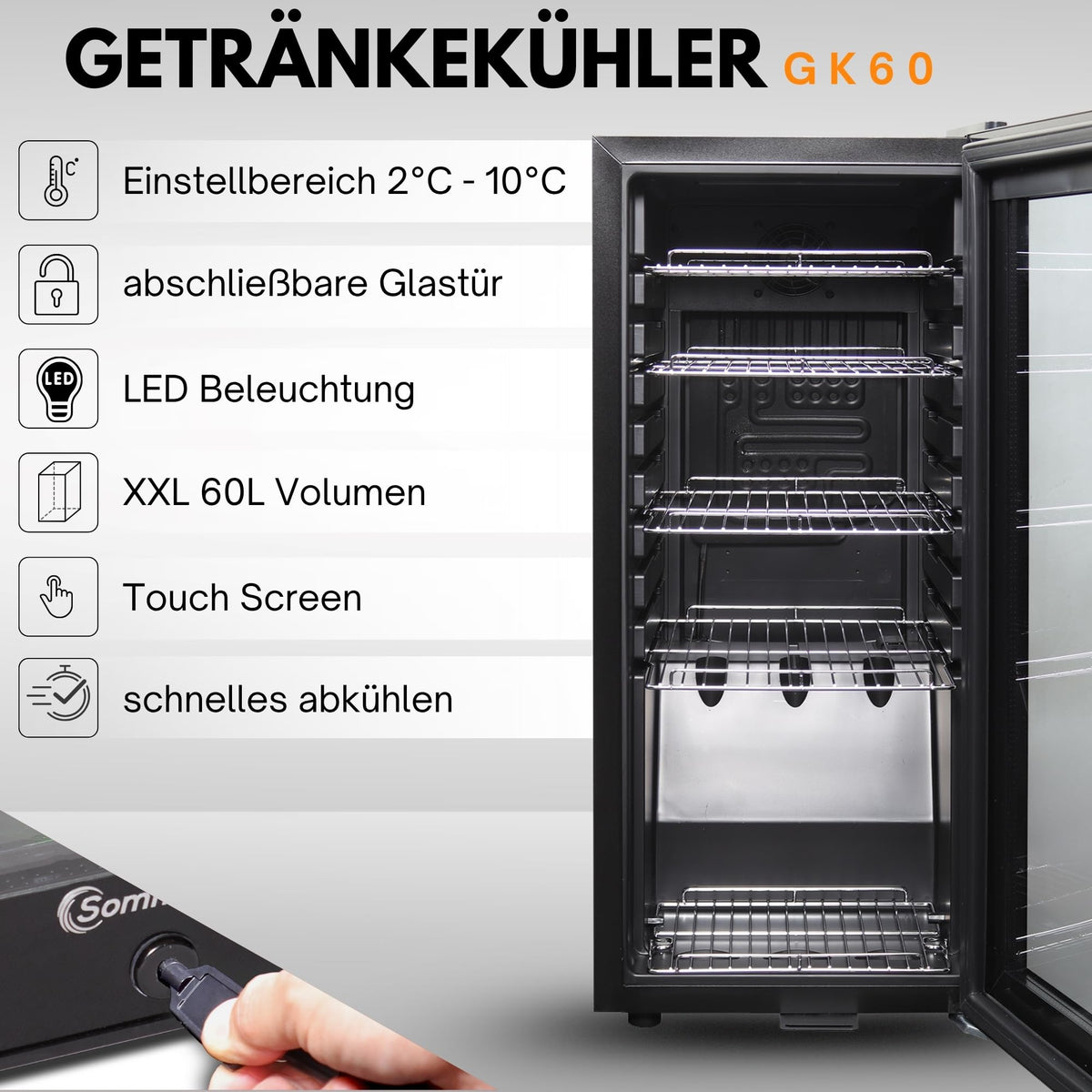 Sommertal Getränkekühlschrank 50L | Glastür, Touch, LED, abschließbar