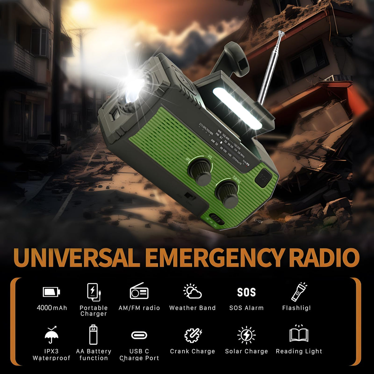 Notfall-Solarradio,Solarbaby Selbstbetriebenes Kurbelradio mit LED-Taschenlampe, SOS-Alarm,AM/FM Wetter Wind Up Radio mit 2000mAh Akku für Notladung von Smartphone,(Rod)