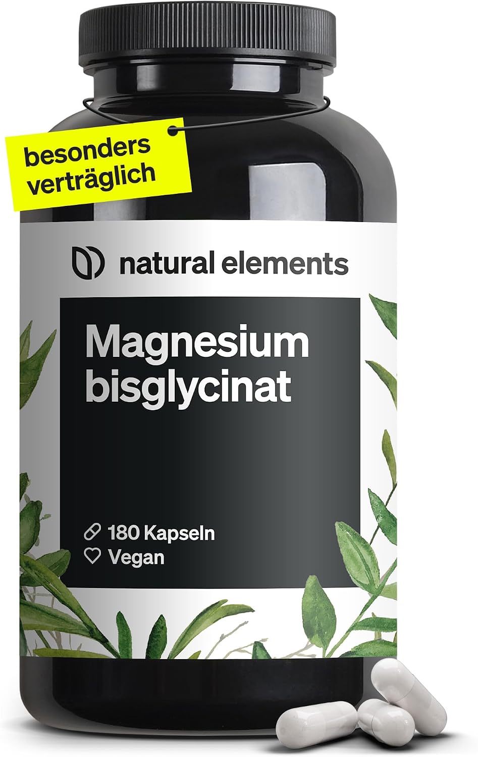 natural elements Magnesium Bisglycinat - Premium: Chelatiertes Magnesium - 180 Kapseln - 300mg elementares Magnesium pro Tagesdosis - Laborgeprüft, vegan, hochdosiert