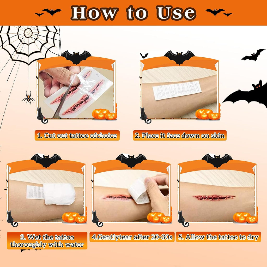 Tatouage Halloween Temporaire, 50 Feuilles Fausse Cicatrice Plaie Halloween