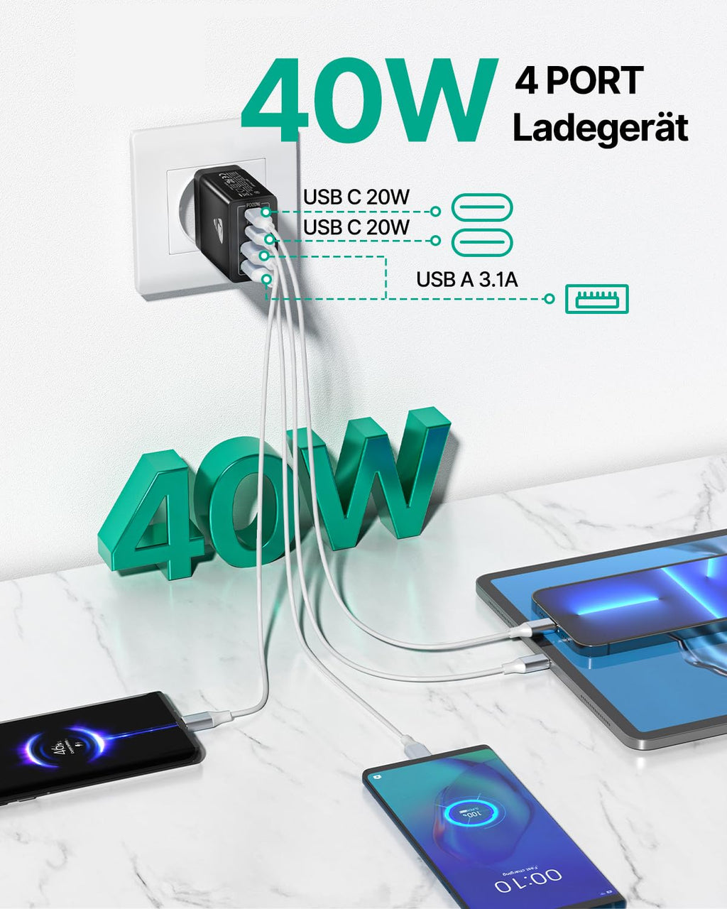 USB C Ladegerät, 40W 4-Port USB ladegerät Mehrfach Schnellladegerät PD 3.0