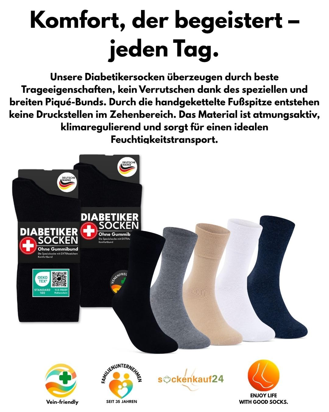 sockenkauf24 Diabetikersocken ohne Gummi & ohne Naht 97% Baumwolle (6 Paar) Diabetiker Socken mit Komfortbund für Damen & Herren