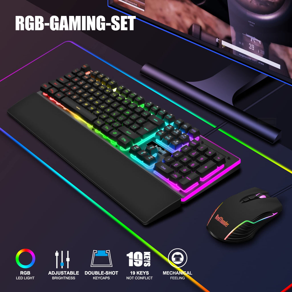 RedThunder K10 Gaming Tastatur und Maus Set, QWERTZ DE-Layout, Metallplatte und Handballenauflager，RGB-Hintergrundbeleuchtung - und 7D mit Ergonomische - für PC Mac Gamer(Weiß)