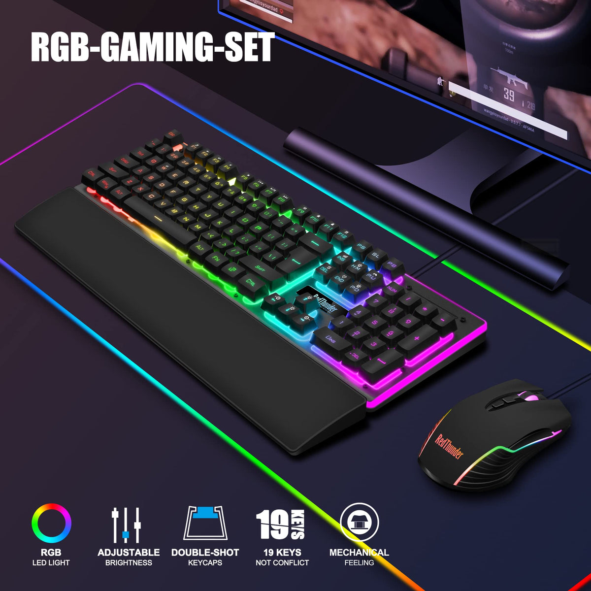 RedThunder K10 Gaming Tastatur und Maus Set, QWERTZ DE-Layout, Metallplatte und Handballenauflager，RGB-Hintergrundbeleuchtung - und 7D mit Ergonomische - für PC Mac Gamer(Weiß)