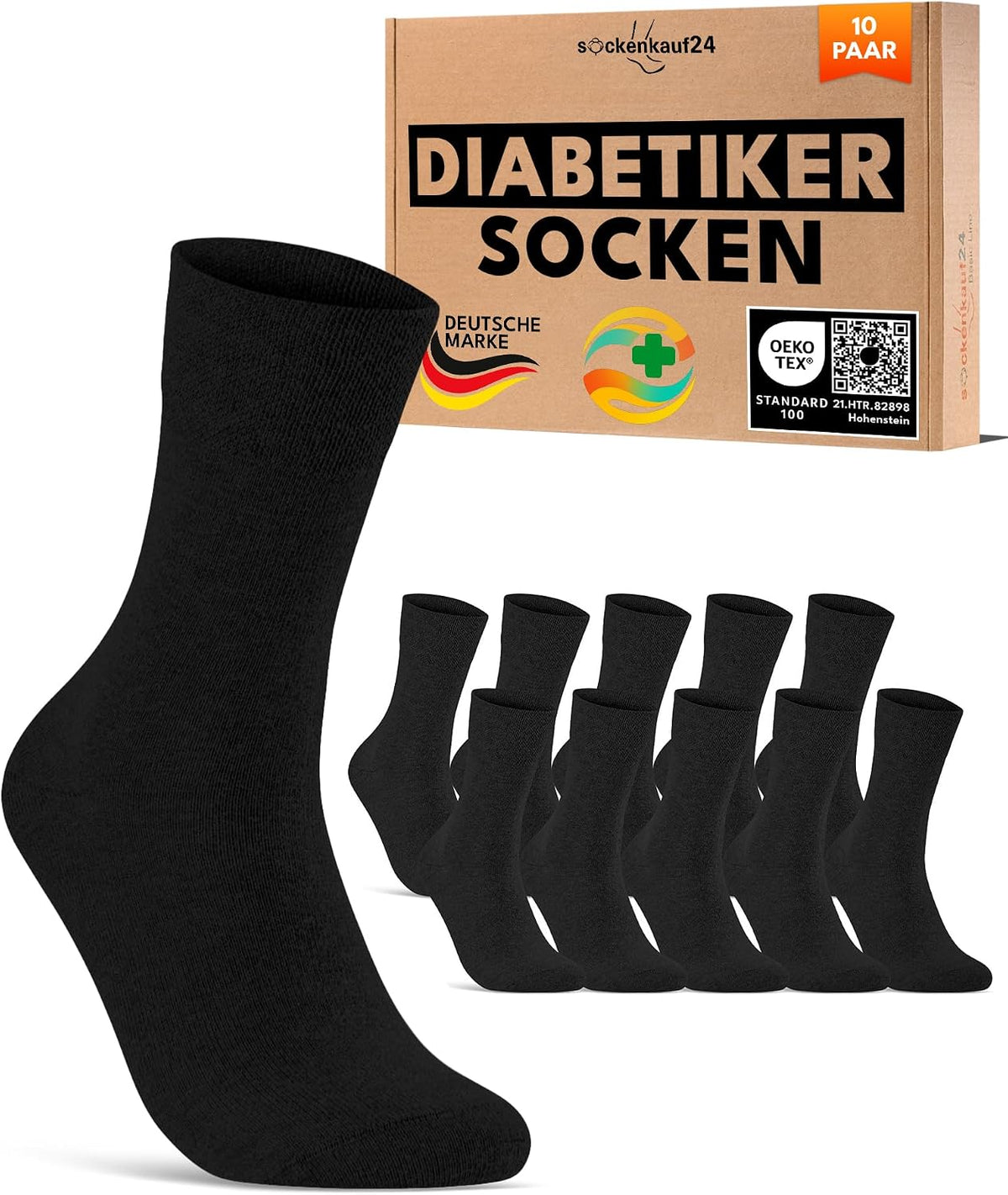 sockenkauf24 10 Paar Diabetikersocken für Herren & Damen ohne Gummibund & ohne Naht aus Baumwolle Diabetiker Socken mit Komfortbund ohne Gummi