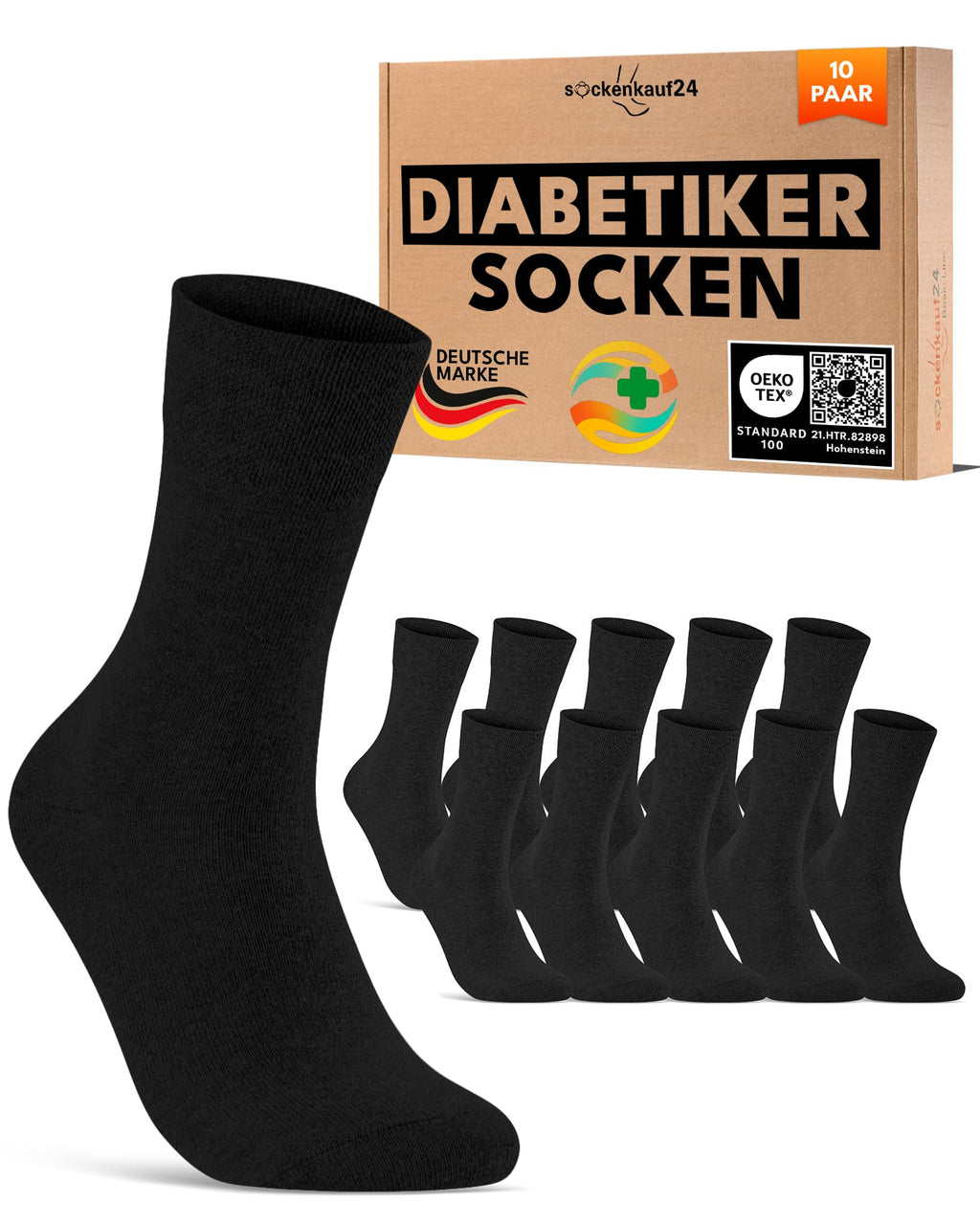 sockenkauf24 10 Paar Diabetikersocken für Herren & Damen ohne Gummibund & ohne Naht aus Baumwolle Diabetiker Socken mit Komfortbund ohne Gummi