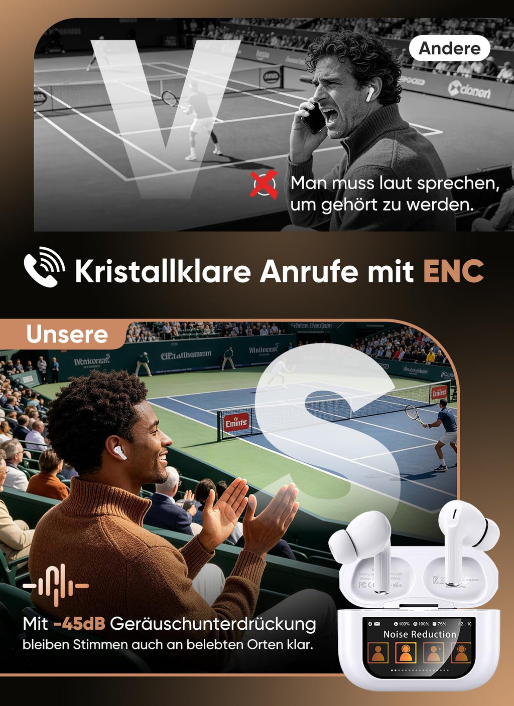 Bluetooth 5.4 Kabellose In-Ear Kopfhörer mit Smart Touchscreen, 48 Std. Wiedergabezeit, Aktive ANC Geräuschunterdrückung + ENC Anrufverarbeitung, 5 EQ-Modi, HiFi Stereo, IPX7 Wasserdicht Austerweiß