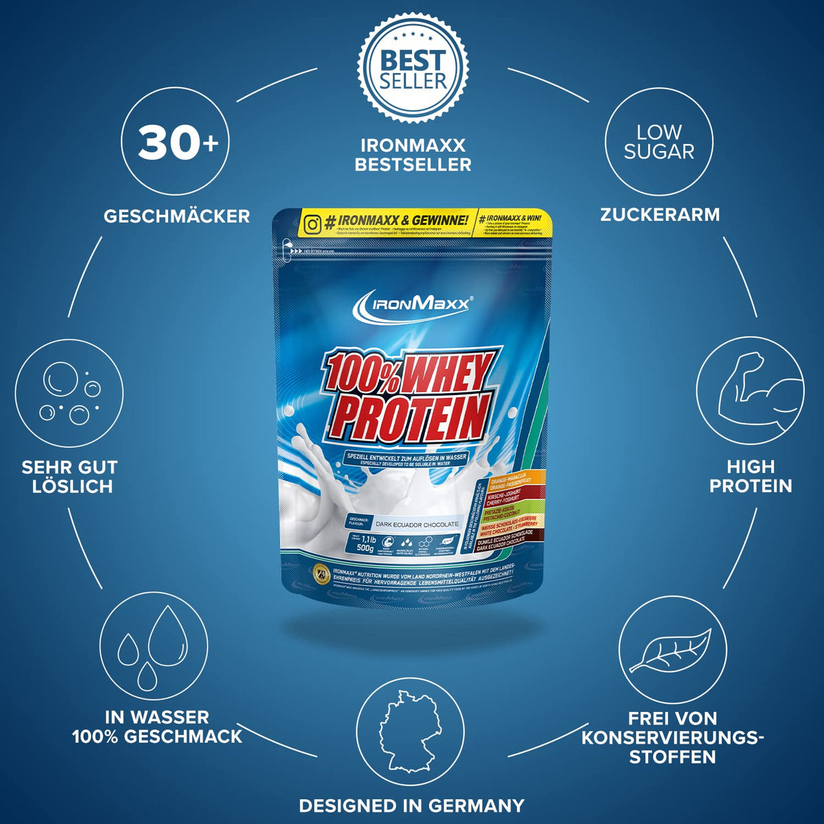 IronMaxx 100% Whey Protein Pulver - French Vanilla 500g Beutel | zuckerreduziertes, wasserlösliches Eiweißpulver aus Molkenprotein | viele verschiedene Geschmacksrichtungen