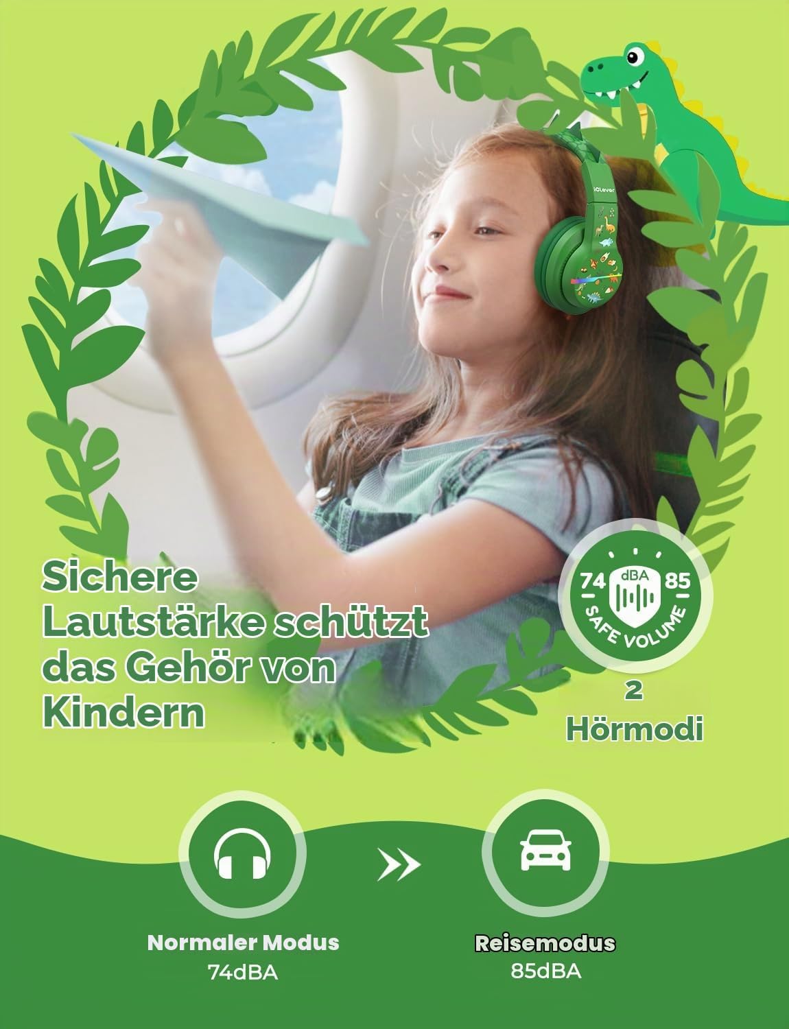 iClever BTH12 Bluetooth-Kopfhörer für Kinder mit LED-Beleuchtung, 85 Stunden Wiedergabezeit, ideal für Reisen