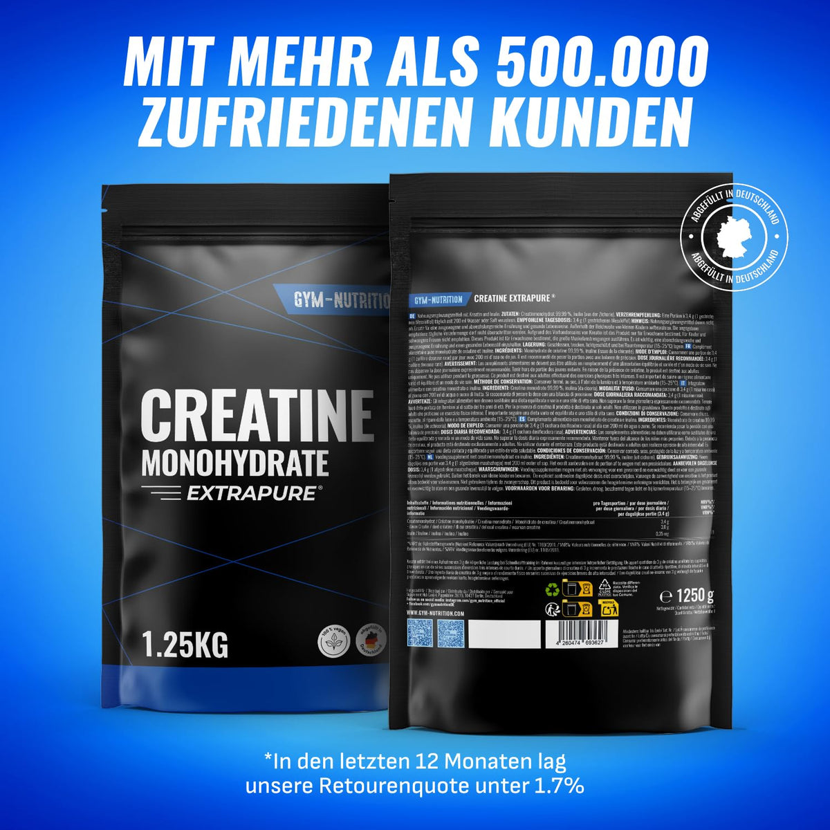 Creatin Monohydrat Pulver – 500g – Mikronisierte Qualität