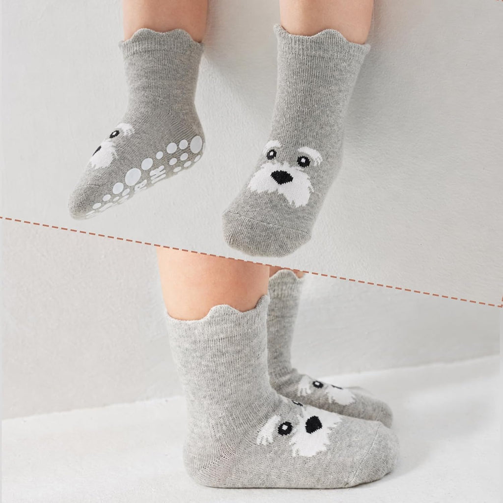 SockWaddles Chaussettes de bébé, 5 paires de chaussettes antidérapantes ABS respirantes pour enfants, chaussettes de bébé en coton, garçons et filles avec des animaux et des licornes