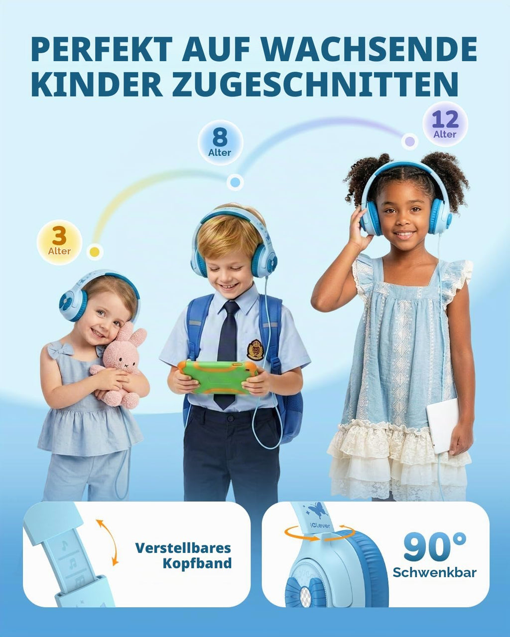 iClever HS26 Kopfhörer Kinder mit 3,5 mm Kabel für Schule/Tablet/Reisen