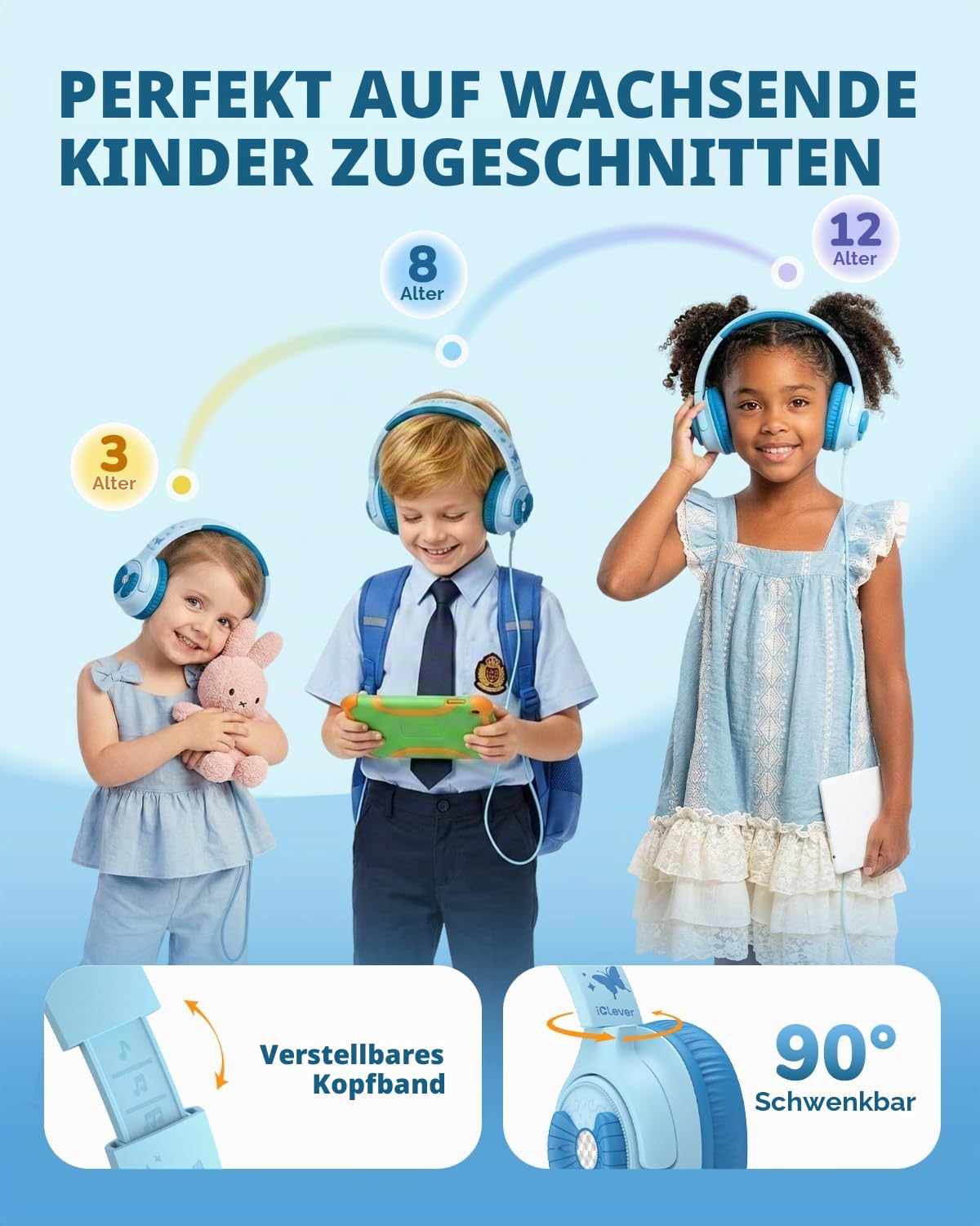 iClever HS26 Kopfhörer Kinder mit 3,5 mm Kabel für Schule/Tablet/Reisen