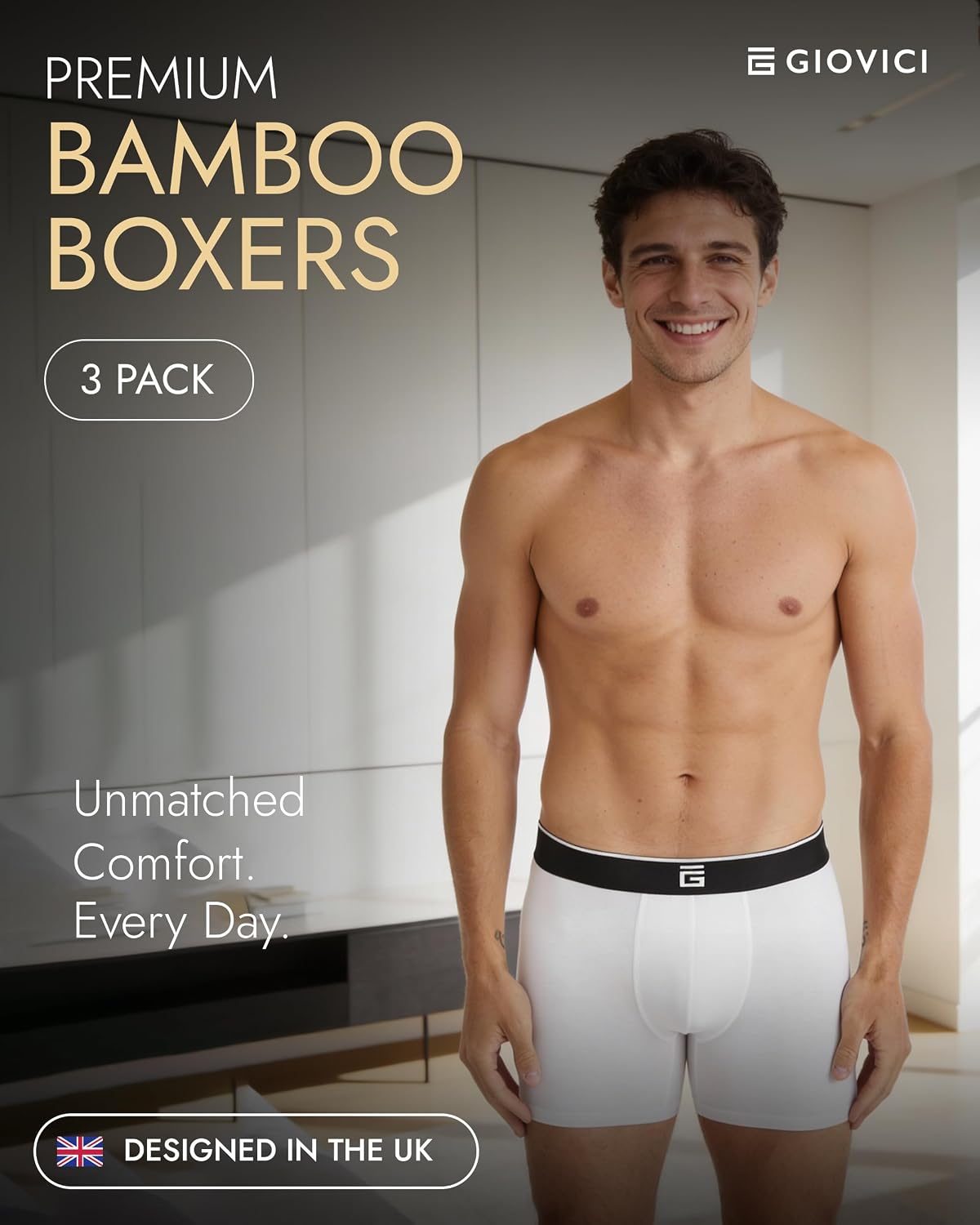 Giovici Mens Boxers Bamboo Anti Chafing Soft Comfortable Boxer Briefs Longer Leg - Boxer Shorts Multipack - Moisture Wicking Technology