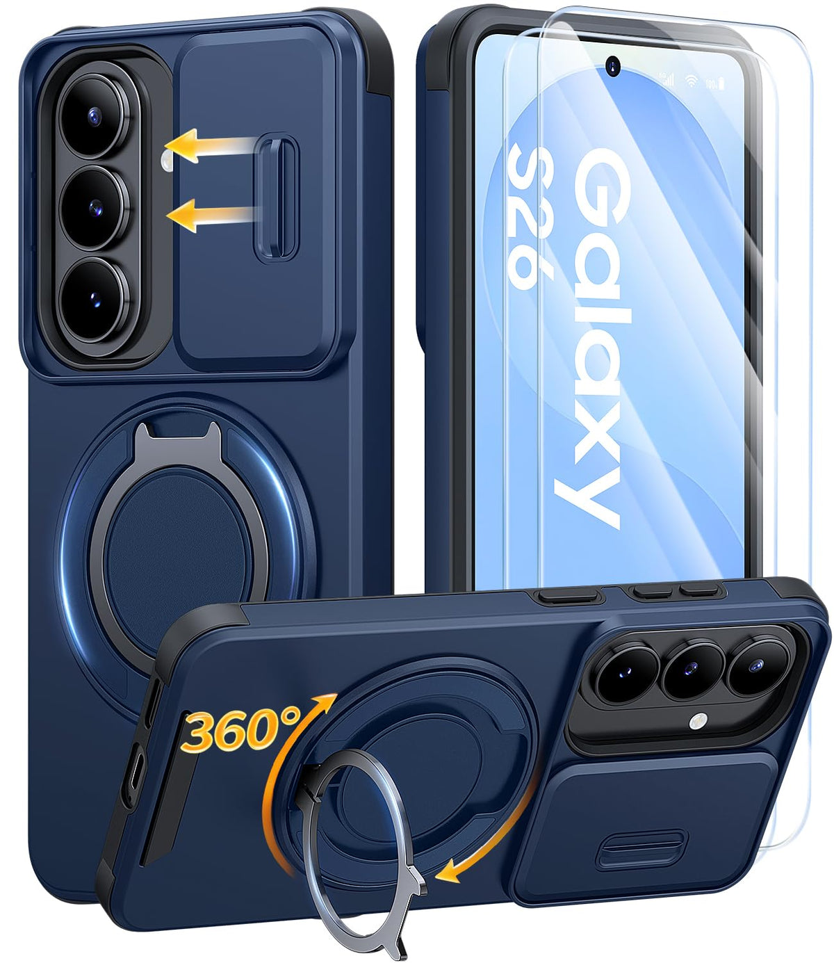 AOUIA für Samsung Galaxy S26 Ultra Hülle mit 2 Stück Panzerglas, Kameraschutz, 360° drehbarer Ringständer, Militärstandard Stoßschutz, robuste Handyhülle für Samsung S26 Ultra, Schwarz