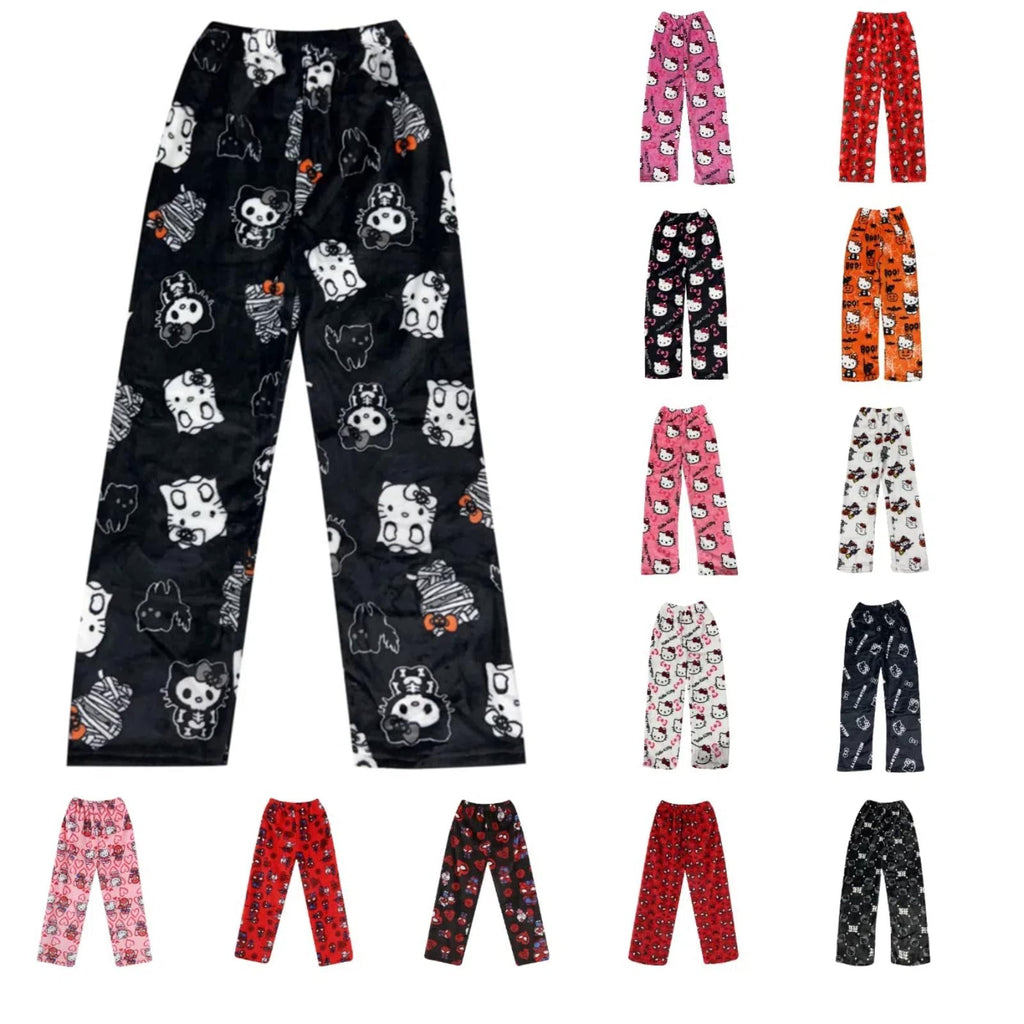 Chnnamzu Damen-Pyjamahose aus Flanell, warmes und weiches Fleece-Pyjamaunterteil, süßes Cartoon-Katzen-Motiv, Kawaii-Mode, lässige Nachtwäsche, Loungewear-Hose