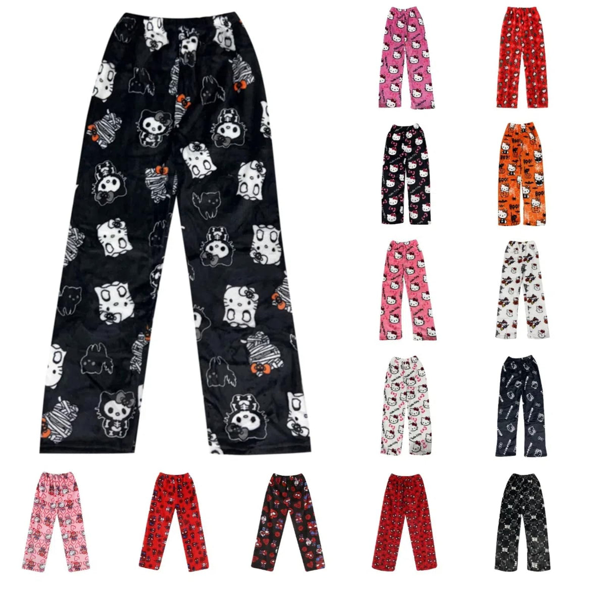 Chnnamzu Damen-Pyjamahose aus Flanell, warmes und weiches Fleece-Pyjamaunterteil, süßes Cartoon-Katzen-Motiv, Kawaii-Mode, lässige Nachtwäsche, Loungewear-Hose