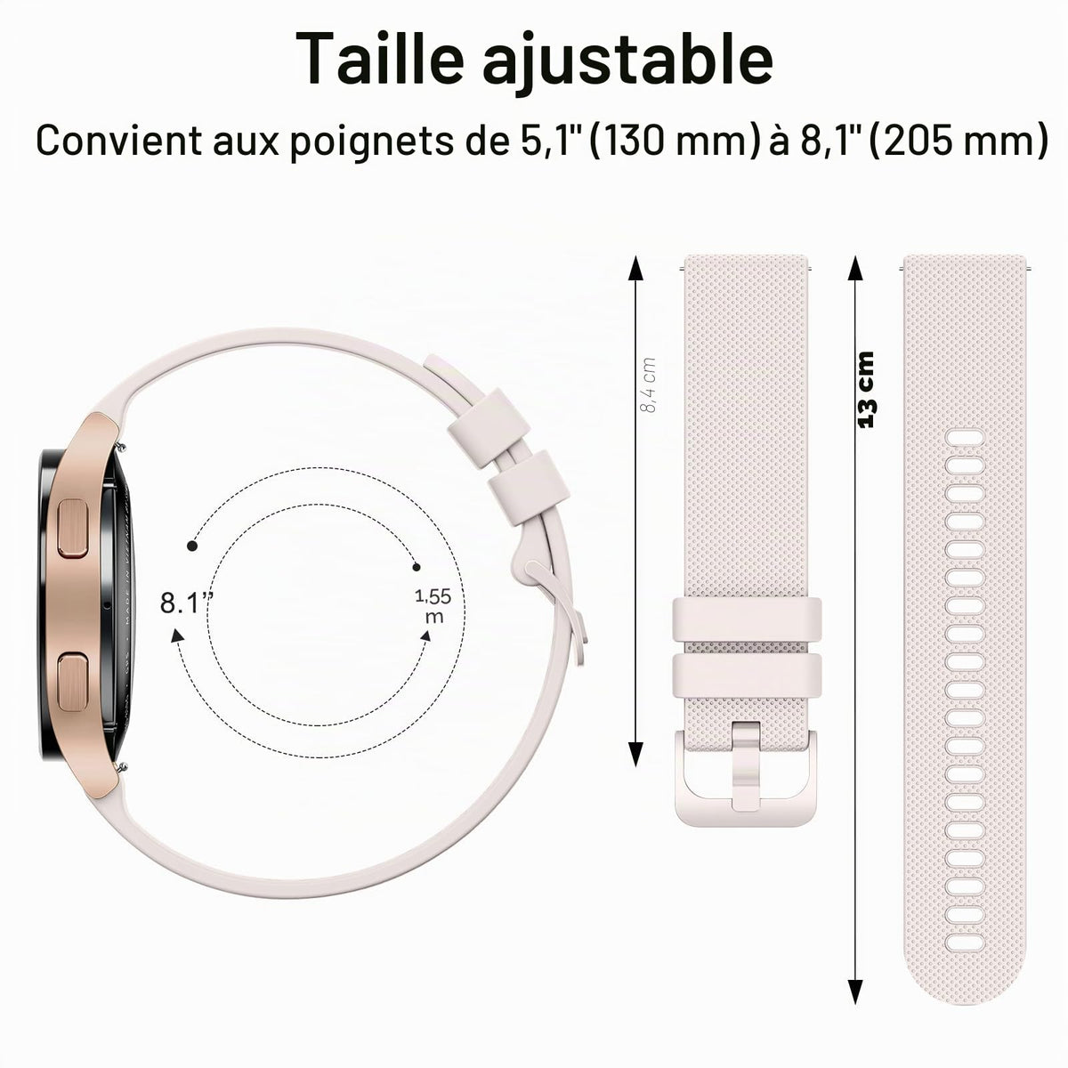 Wanme 20mm Bracelet de Montre en Silicone, Souple Bracelet de Replacement en Dégagement Rapide avec Boucle en Même Couleur Homme Femme 20mm, Starlight