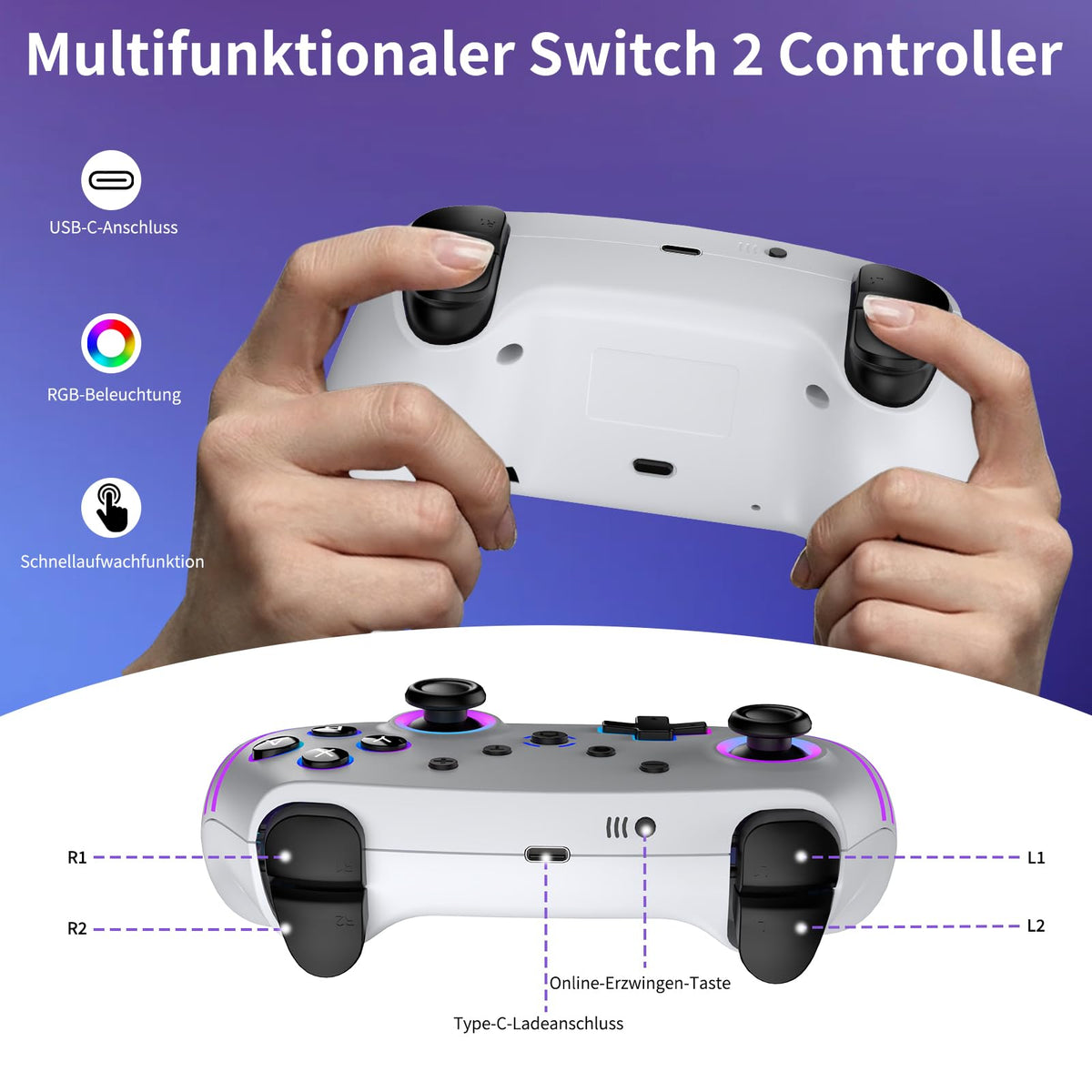 Reddening Switch 2 Controller für Switch/Switch 2/Switch Lite/Switch OLED,Switch Controller mit Doppel Vibration,Switch 2 Pro Controller mit 6 Achsen Gyro,Hall Joystick,Aufwachen,Turbo (Weiß Schwarz)