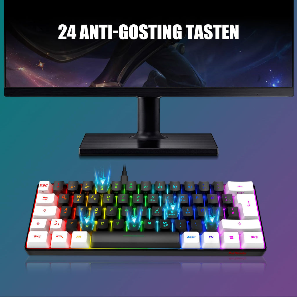 RedThunder 60% Kabelloses RGB Gaming Tastatur und Maus Set, QWERTZ DE Layout, Wiederaufladbare Funktastatur mit Ultraleichte Gaming Maus mit Wabenkonstruktion, für PC MAC PS5 Xbox Gamer, Büro.