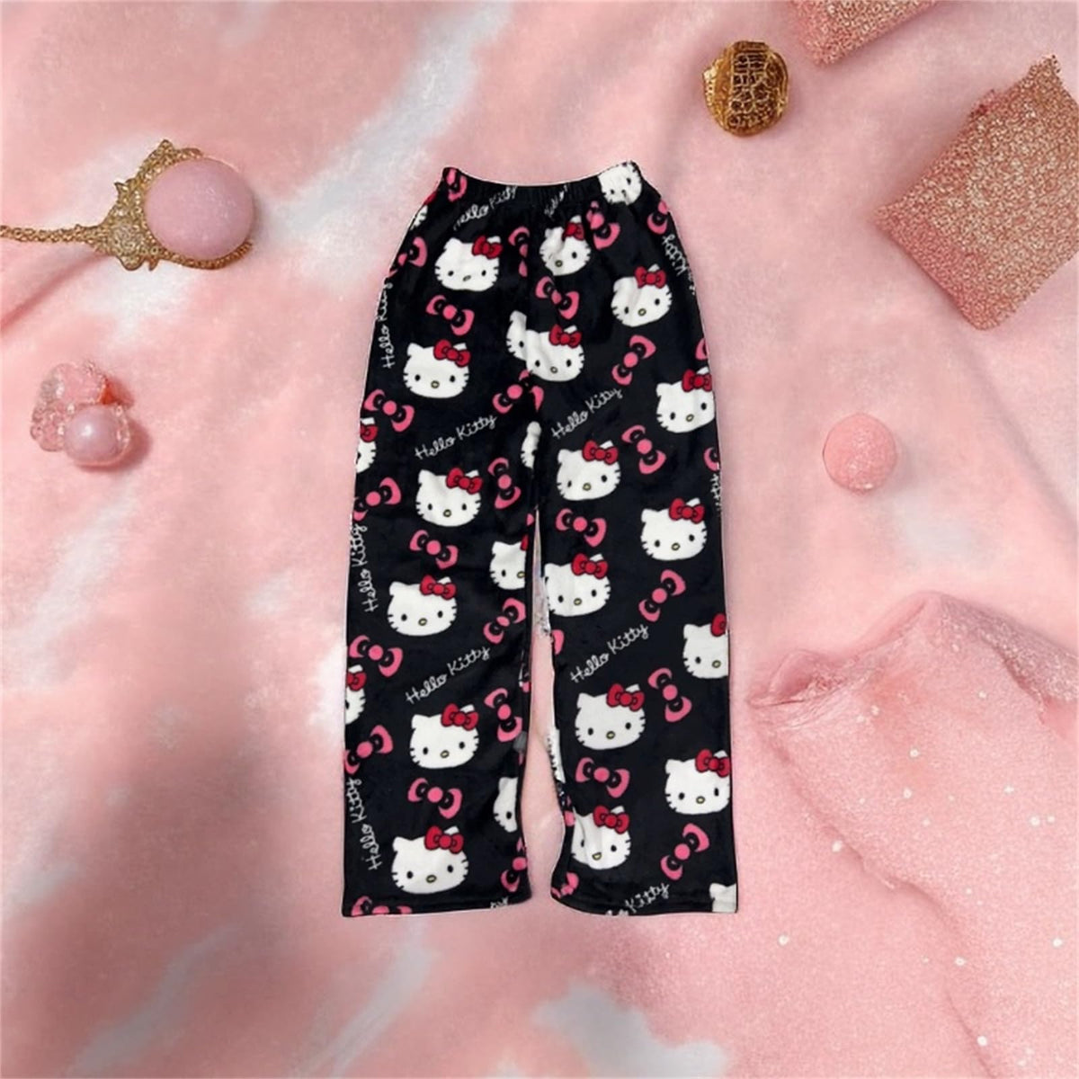 Chnnamzu Damen-Pyjamahose aus Flanell, warmes und weiches Fleece-Pyjamaunterteil, süßes Cartoon-Katzen-Motiv, Kawaii-Mode, lässige Nachtwäsche, Loungewear-Hose